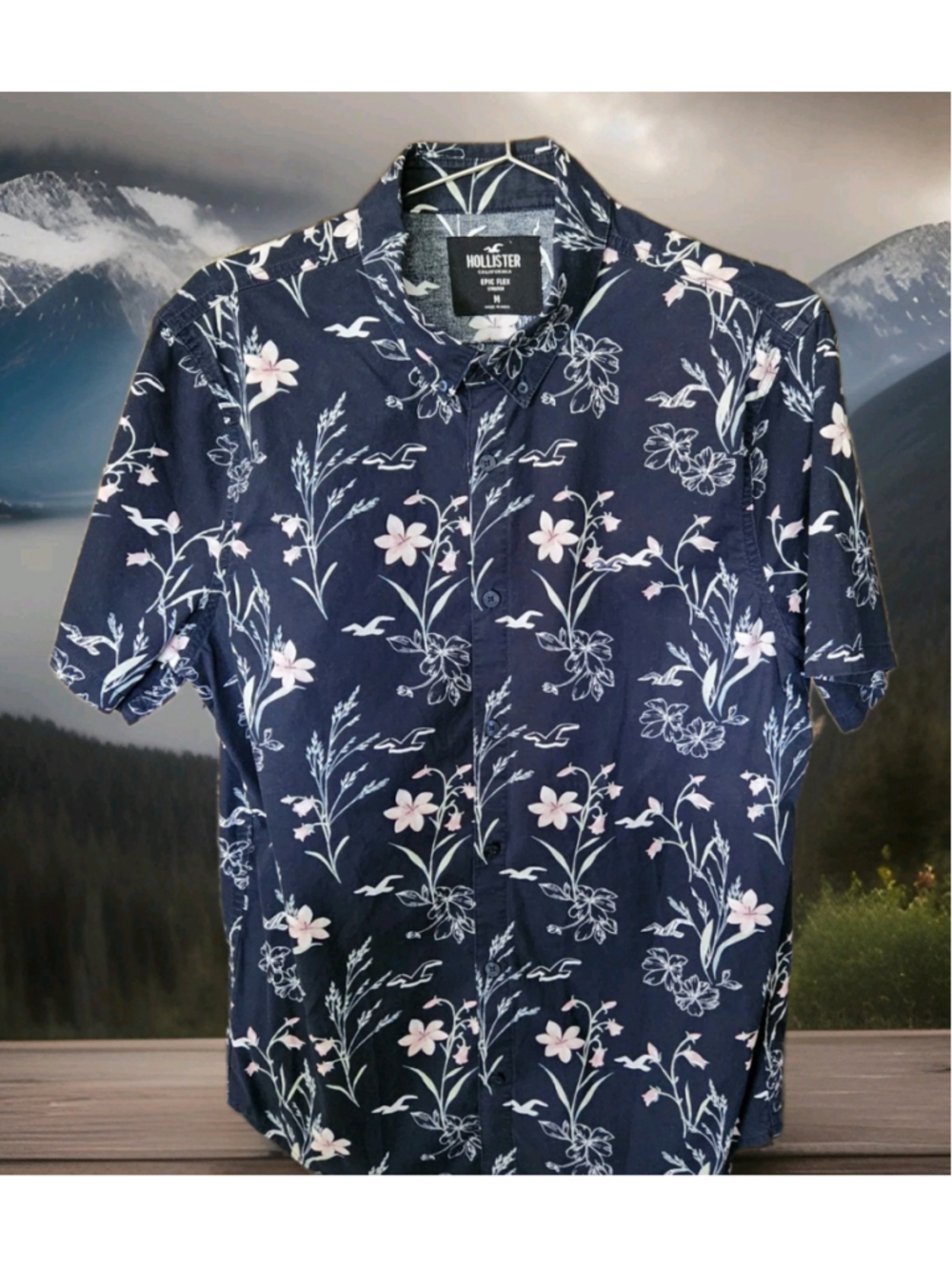 Hollister Mens Epic Flex Shirt Medium Button Up Floral Stretch Short Sleeves